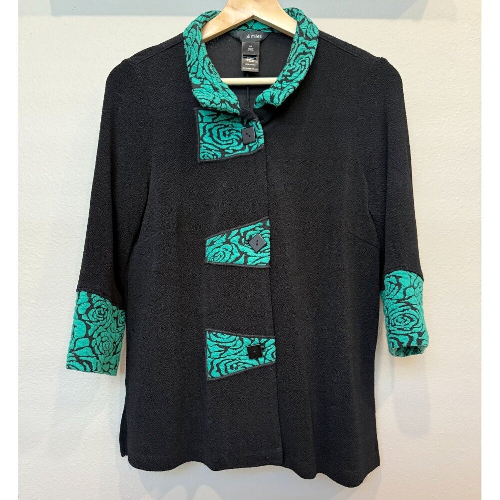 Ali Miles Button Up Collared 3/4 Sleeve Blouse Small Petite Artsy Lagenlook